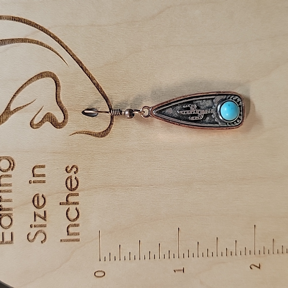 🔥LAST PAIR🔥Cactus and Turquoise Etched Pendant Drop Earrings - Picture 3 of 7